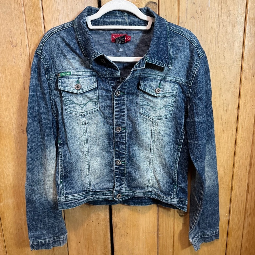 South Pole Long Sleeve Collared Cropped Button Up Jean Jacket